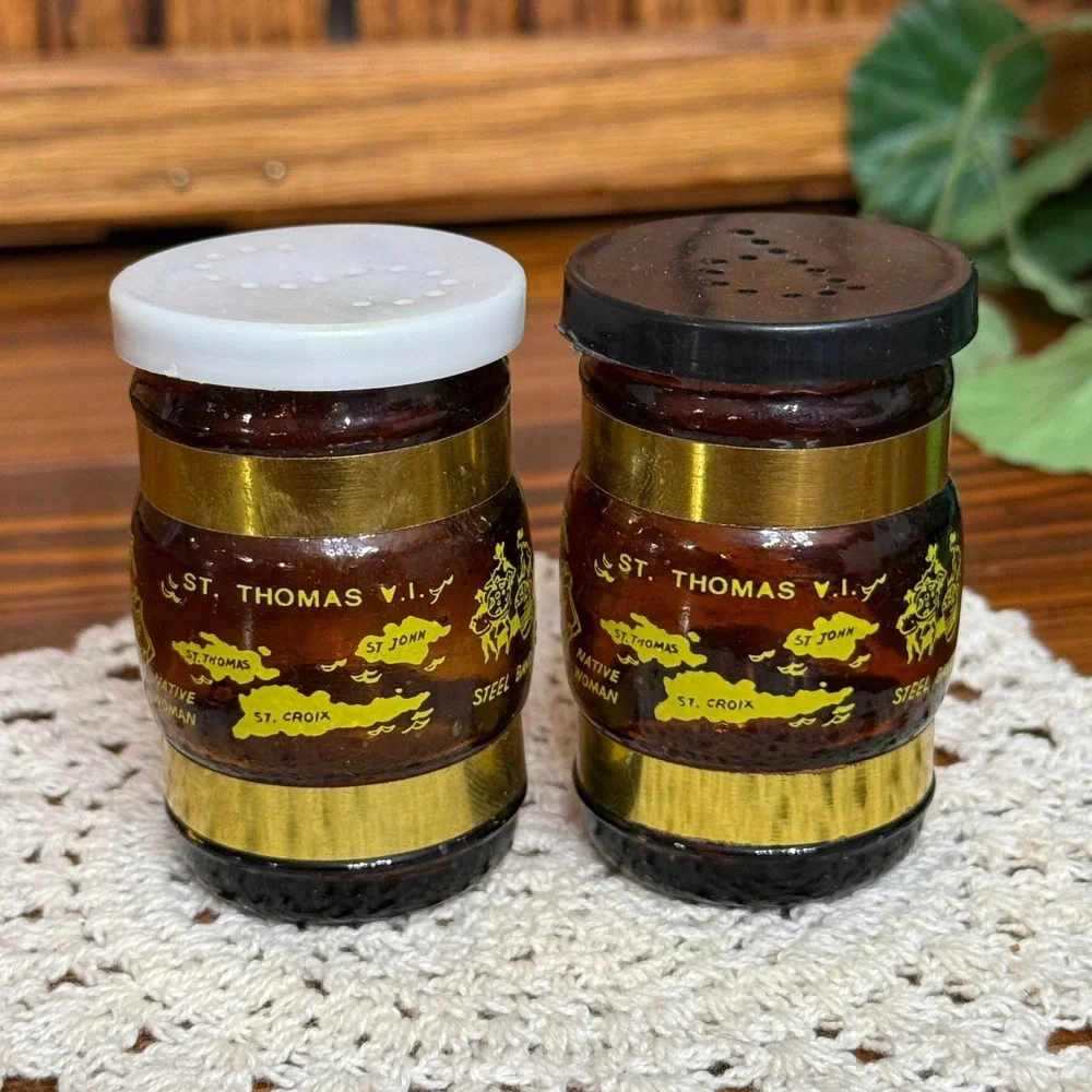 Vintage St Thomas VI Amber Glass Barrel Salt Pepper Shakers Set Brown Gold Small